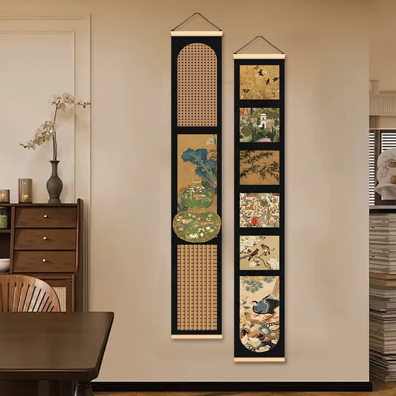 中古风竖版装饰画走廊玄关书房楼梯花鸟植物墙面单联国风布艺挂帘图片