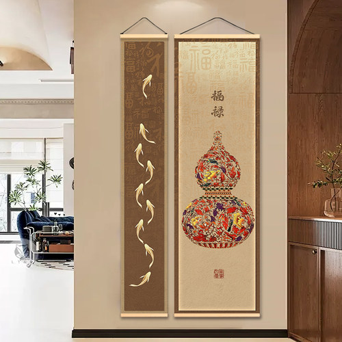 金色九鱼双联竖版装饰画招财福禄走廊书房茶室百福墙面布艺挂帘