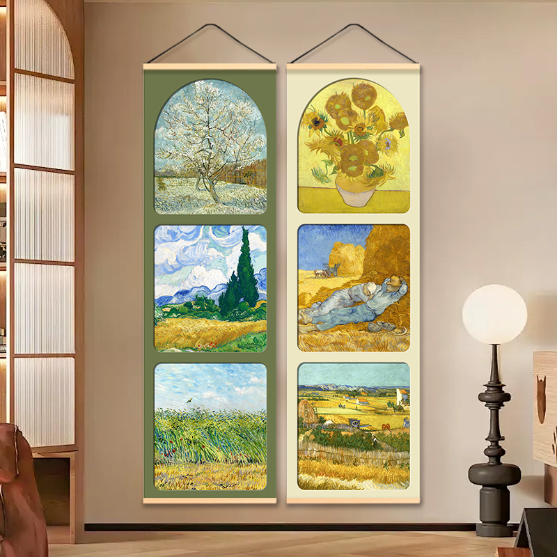 梵高名画竖版装饰挂画走廊书房楼梯简约油画风景墙面装饰布艺挂帘图片