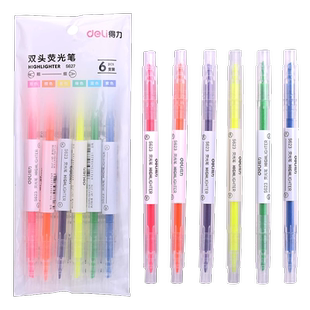 得力荧光笔6色双头无味荧光记号笔标记笔学生高考复习粗划重点专用笔背书标记神器儿童闪光莹光银光萤光笔