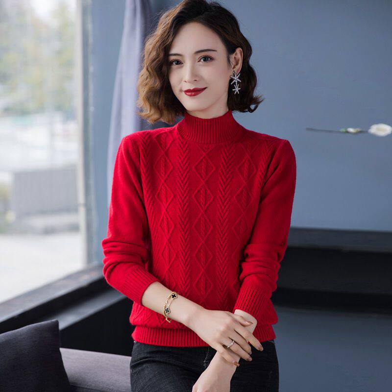 新款短款毛衣宽松大码冬季半高领加厚针织打底毛衫女红色上衣洋气