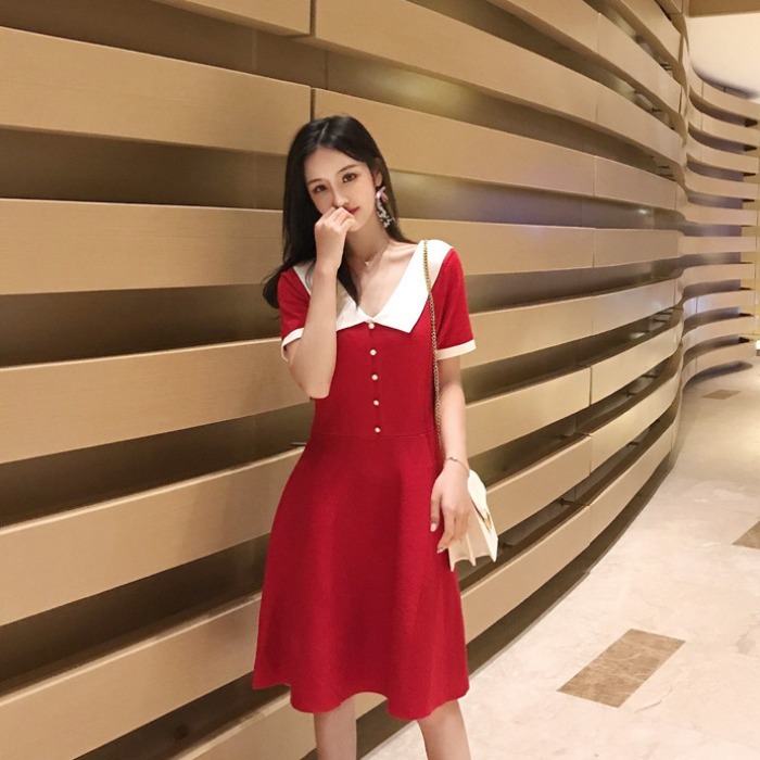 summer new pattern Korean Edition temperament Doll collar Self cultivation A word skirt Short sleeved Exorcism Borneol knitting Show thin Dressin the Women's clothing/Boutique , Dress  category - from Buy2taobao.com to provide professional Taobao agent buy service