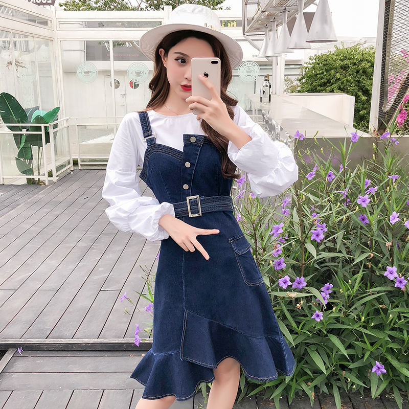 straps Denim Dress 2019 Autumn new pattern Mid length version Self cultivation Show thin Irregular fish tail Lotus leafin the Women's clothing/Boutique , Dress  category - from Buy2taobao.com to provide professional Taobao agent buy service