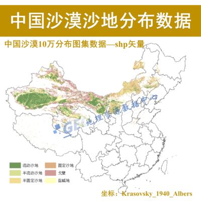 中国沙漠10万分布数据集shp矢量流动沙地戈壁盐碱地固定沙地