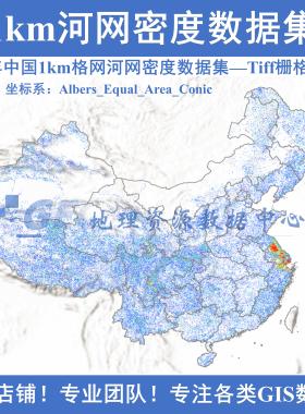 2022年中国1km格网河网密度tiff栅格数据arcgis出图1000m分辨率