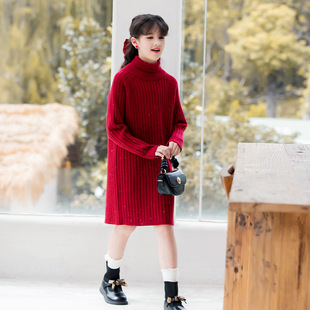 女童红色毛衣裙秋冬2025新款中大童韩版洋气加厚高领中长款针织衫