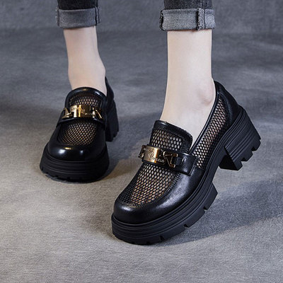 乐福鞋女真皮软底不累脚厚底增高2025新款夏季网面透气小皮鞋凉鞋