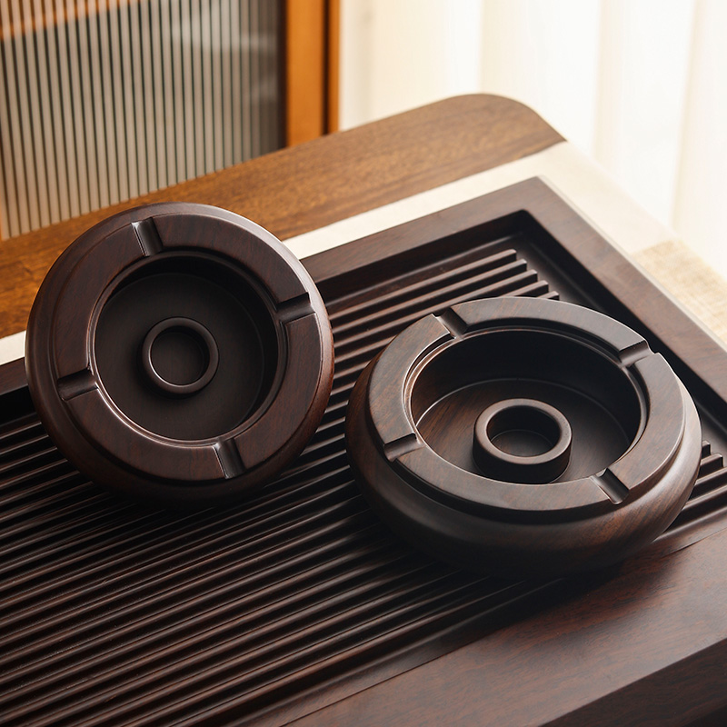 高端轻奢防飞灰缸大号复古黑檀实木烟灰缸家用客厅商用茶桌上摆件