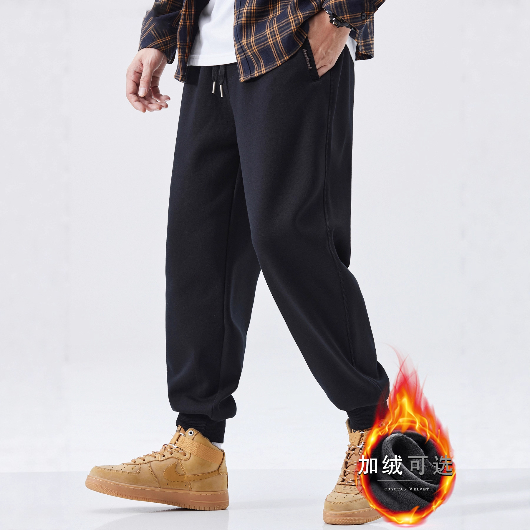 加绒加厚运动卫裤男款秋冬季松紧腰抽绳男裤美式潮牌束脚休闲裤子