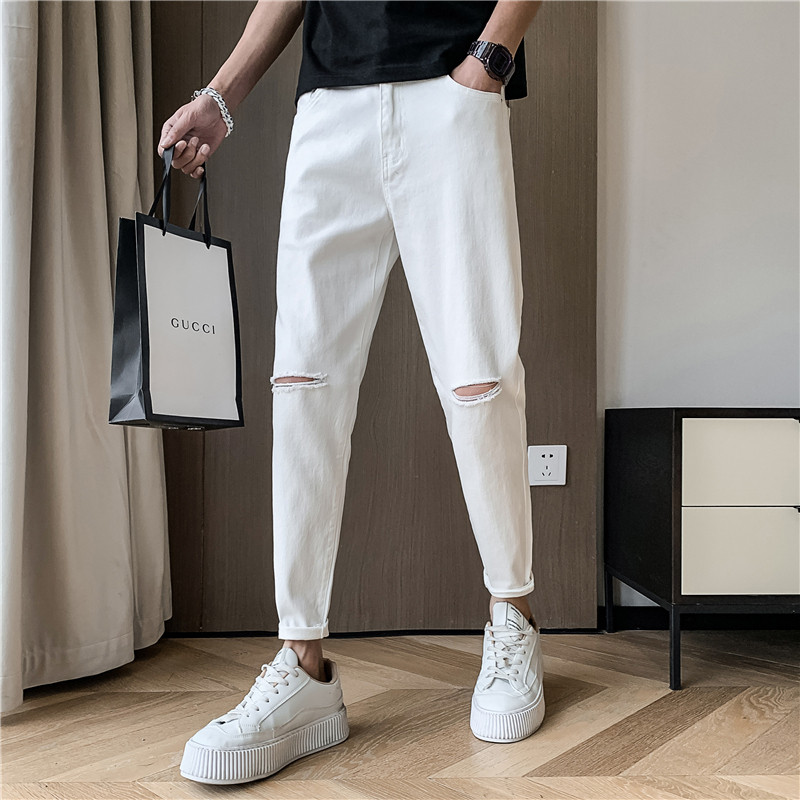 白色男士牛仔裤修身潮牌破洞乞丐九分裤弹力百搭夏季裤子