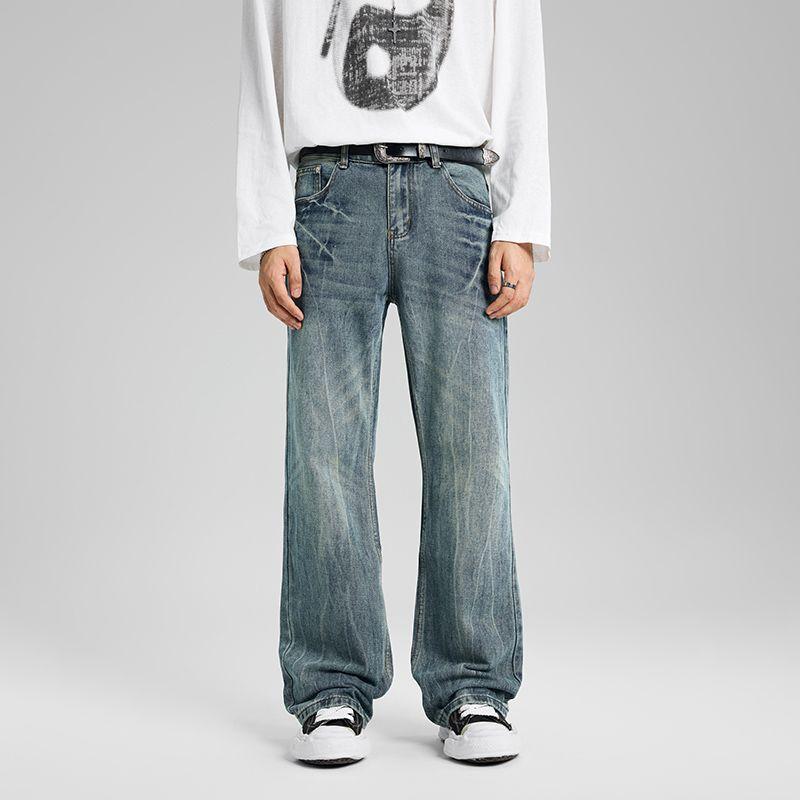 美式高街闪电纹水洗阔腿牛仔裤男女复古直筒宽松休clenfit风裤子