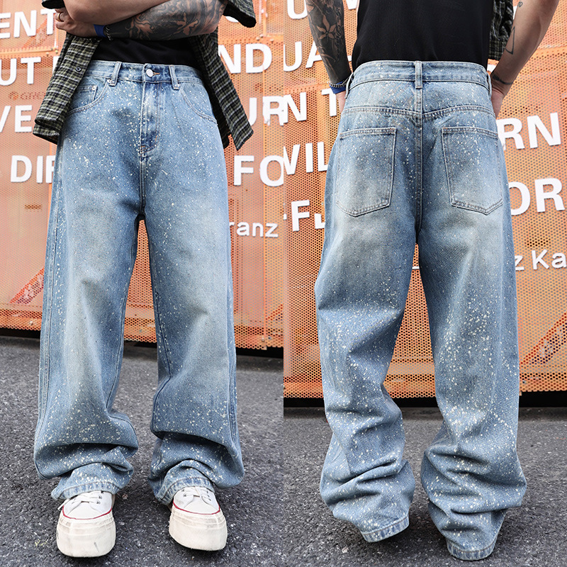 美式泼墨闪钻阔腿牛仔裤