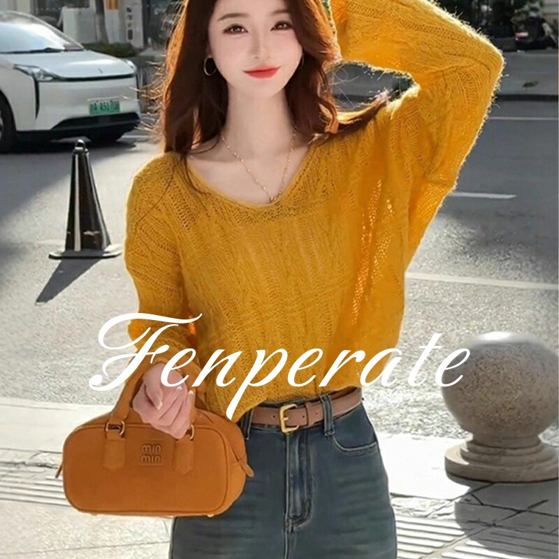 FENPERATE黄色针织衫长袖女秋季2025新款韩系氛围感软糯时尚毛衣