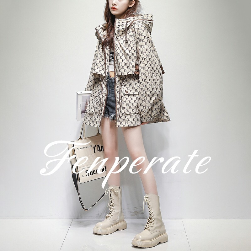 FENPERATE欧货设计感工装冲锋衣女秋季新款收腰显瘦连帽风衣外套