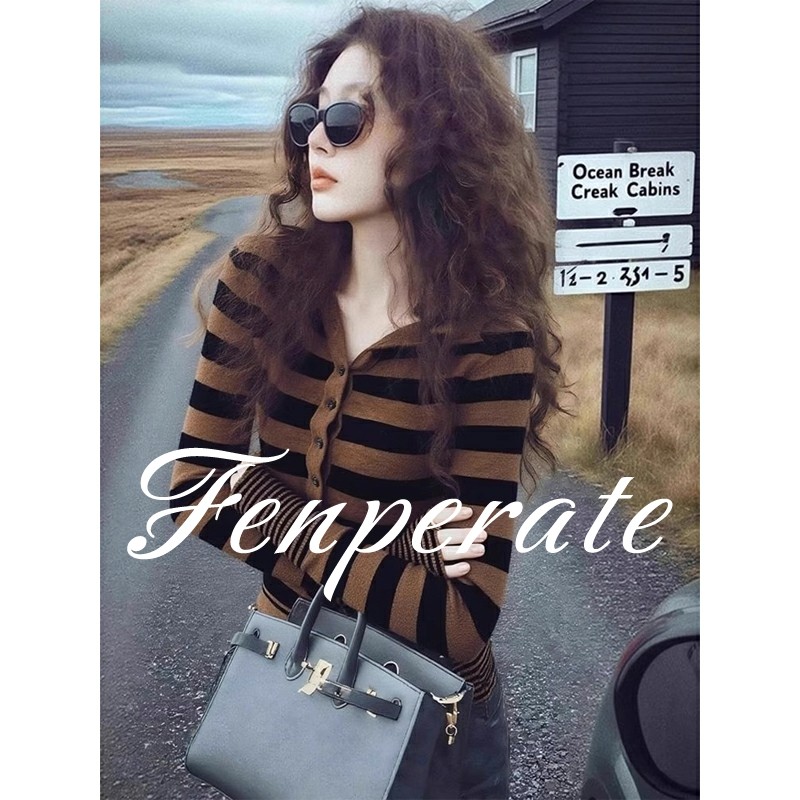 FENPERATE美式复古针织打底衫女秋冬季撞色条纹修身显瘦长袖上衣