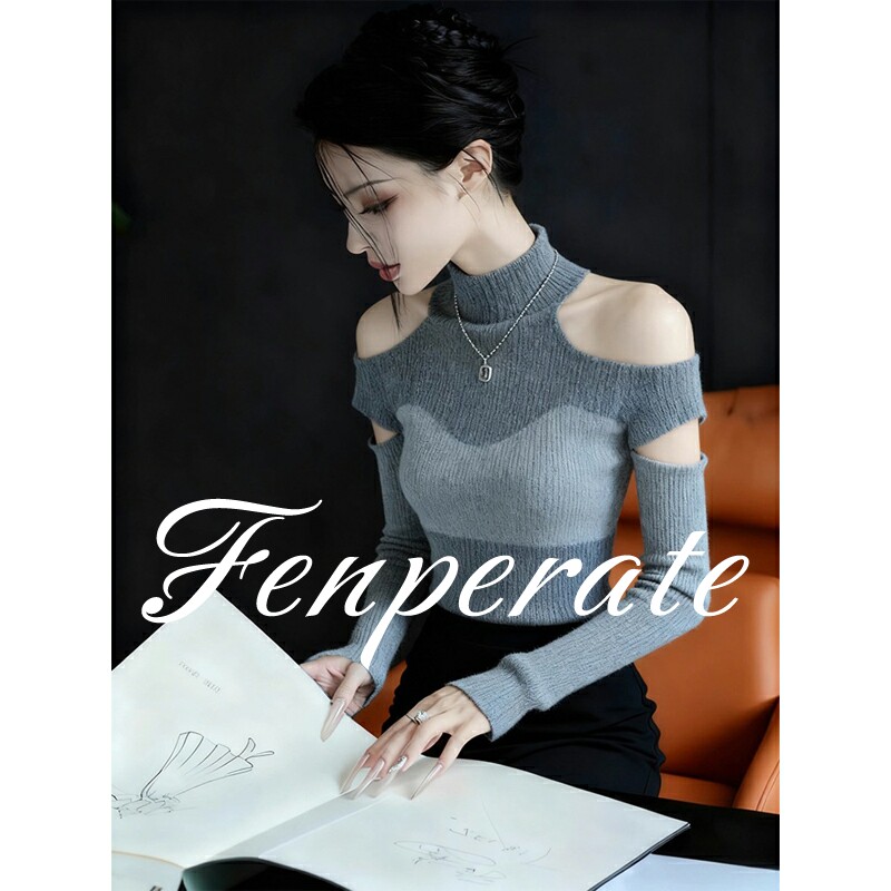 FENPERATE露肩半高领毛衣针织打底衫女秋冬内搭复古修身长袖上衣