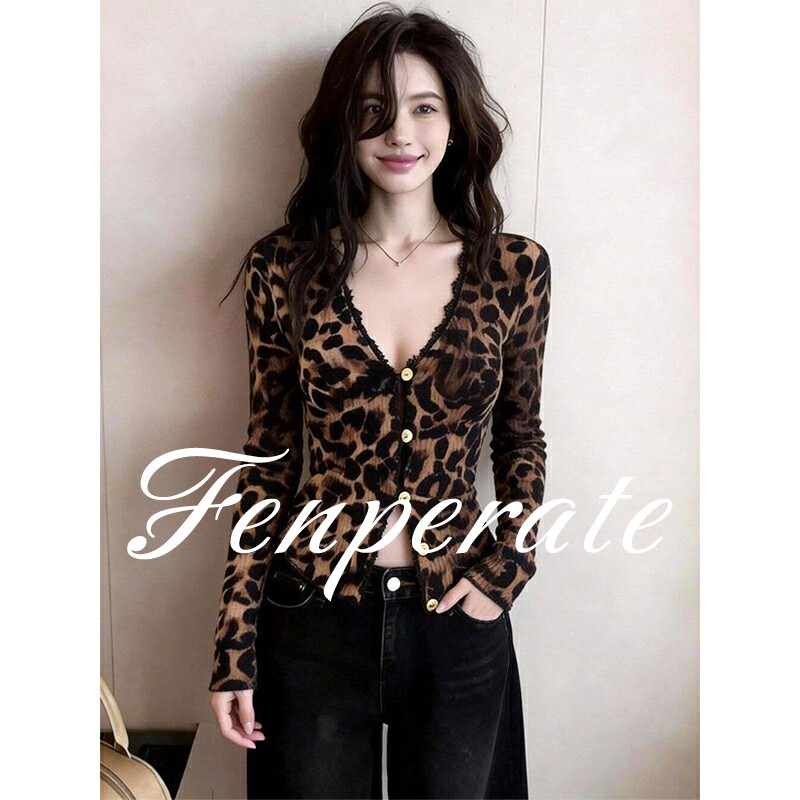 FENPERATE设计感豹纹V领长袖T恤开衫女春季修身巨好看漂亮小上衣