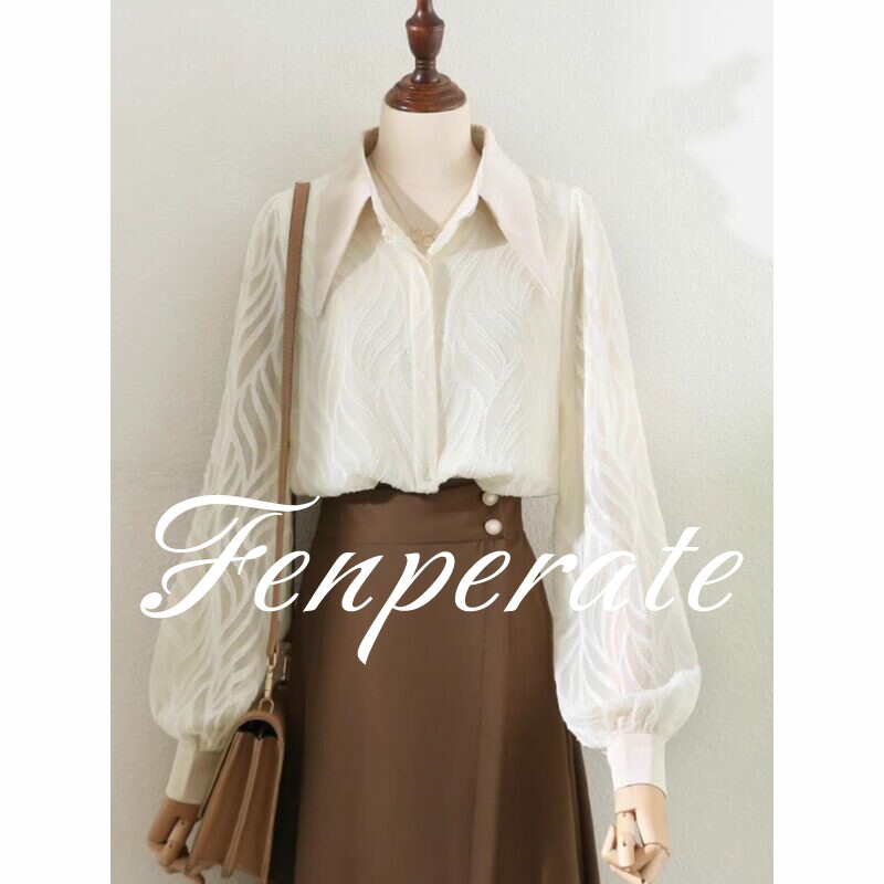 FENPERATE提花半透灯笼袖衬衫女春小众复古气质高级翻领别致上衣
