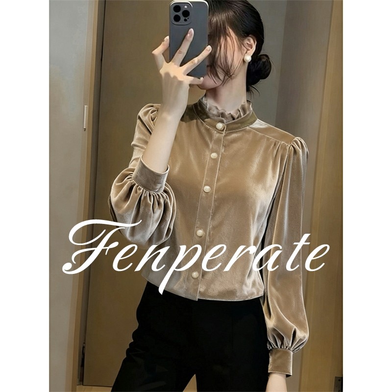 FENPERATE高端立领长袖丝绒衬衫女秋冬新款减龄百搭绝美显瘦上衣