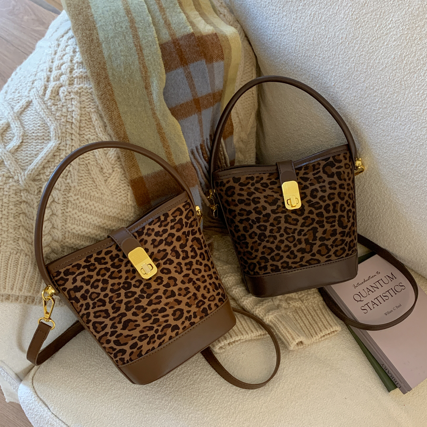 包包豹纹小众复古手提斜挎水桶包