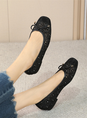 真皮德国Golbor女鞋2025春新款软底蝴蝶结方头水钻镂空凉鞋85.109