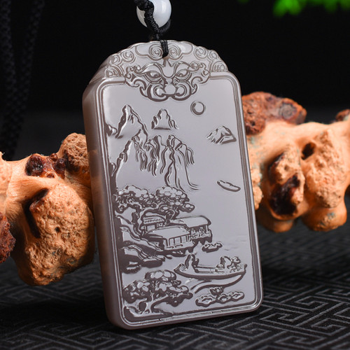 天然和田玉山水玉牌子吊坠