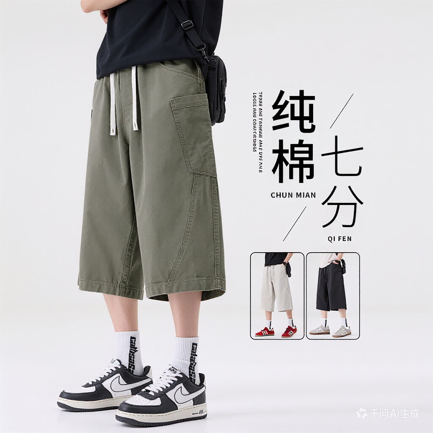 纯棉短裤男款夏季薄款男士七分裤加肥加大工装裤宽松青年大码裤子