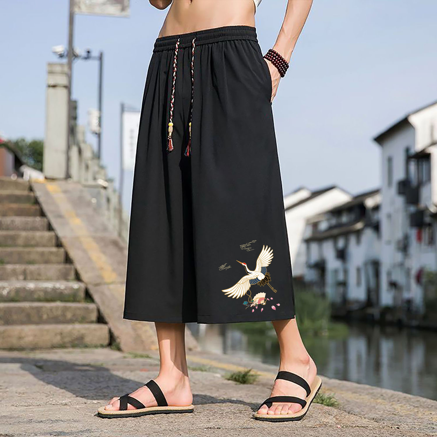 新中式七分裤男士大码过膝阔腿裤