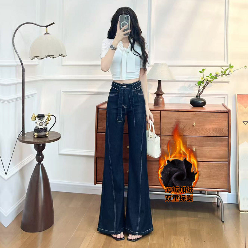 加绒不贴腿喇叭牛仔裤女秋冬季新款时尚显瘦弹力辣妹设计感拖地裤