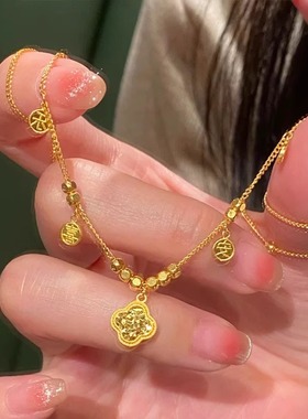 镀真金强保色古法沙金平安喜乐四叶草项链简约感轻奢锁骨链