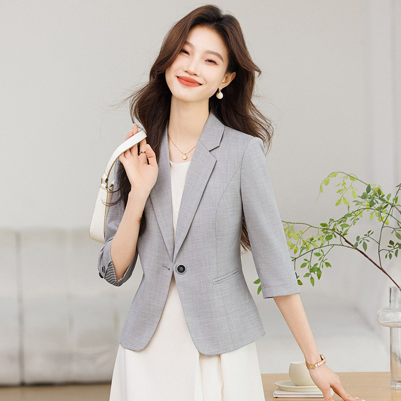 灰色七分袖修身通勤小西装女