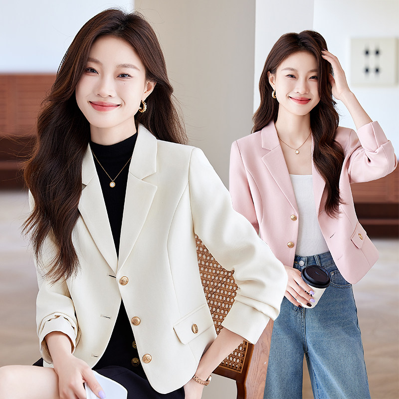 小个子粉色西装外套女春秋2024新款高级感气质休闲短款小西服上衣