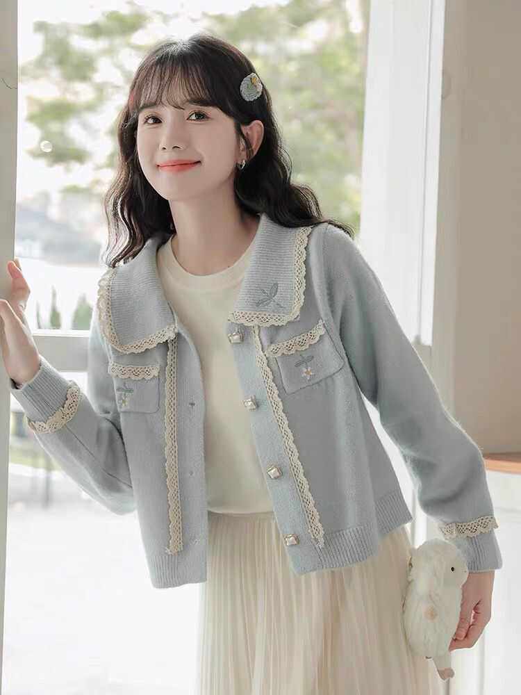 上衣花边刺绣小香风针织开衫女