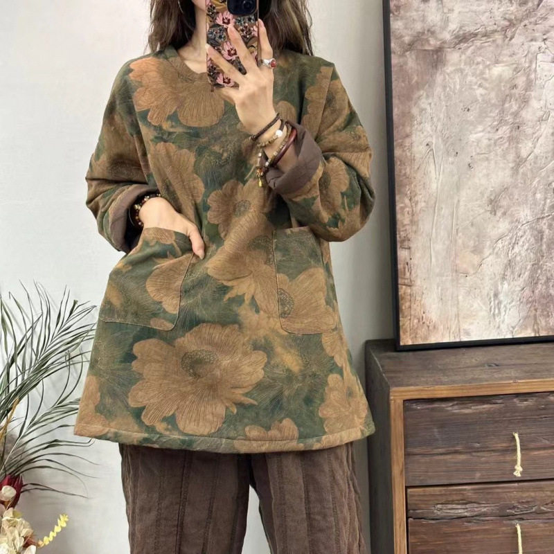 速达衣岩红专柜2024秋冬季新款中长款加棉T恤衫休闲上衣文艺复古