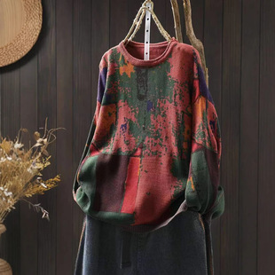 速达衣岩红专柜2024秋冬彩绘印染棉线针织衫女宽松套头花色毛衣