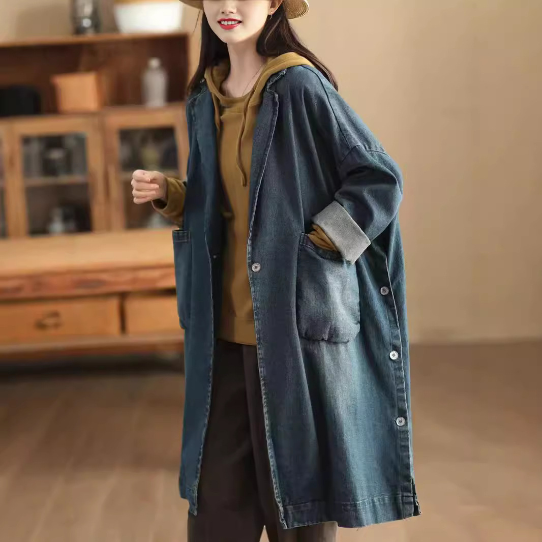 速达衣岩红专柜2024秋季新款复古炒色牛仔风衣女时尚中长开叉上衣