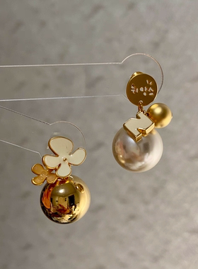 韩国进口Nuance小众高级感珍珠花朵耳环女气质百搭耳饰金属感