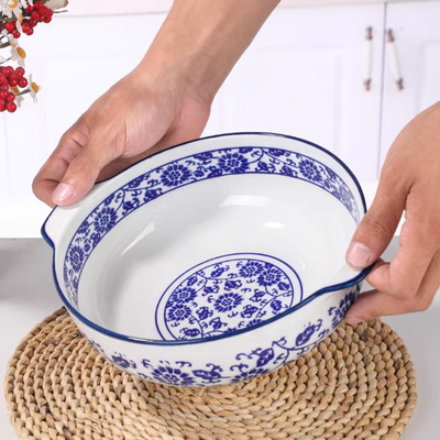 青花瓷10.5英寸中式家用陶瓷双耳碗水煮鱼酸菜鱼碗汤盆防烫手汤碗
