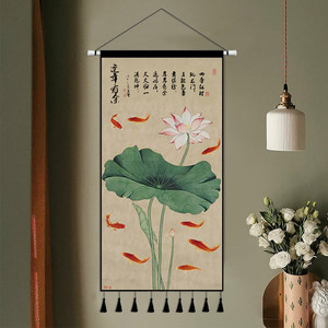 中式荷花布艺挂画背景布中国风禅意挂毯墙上客厅玄关装饰挂布定制