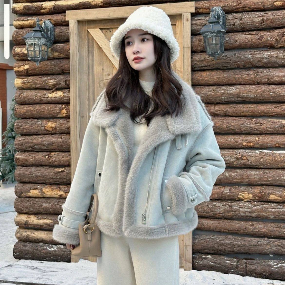 蓝色皮毛一体外套女2024冬装韩系新款加绒加厚绒保暖机车服女,女装/女士精品,短外套,淘宝优惠券,粉丝福利购,淘宝优惠卷