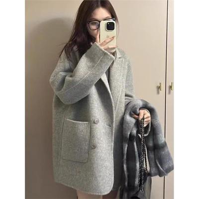 灰色短款西装呢子大衣女2