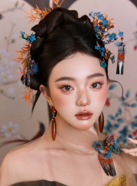 ETE蓝色国风步摇流苏套装新中式气质减龄款12992