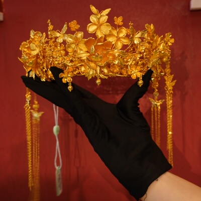 ETE新款新娘中式秀禾复古金色半冠流苏头饰高级感百搭气质12692