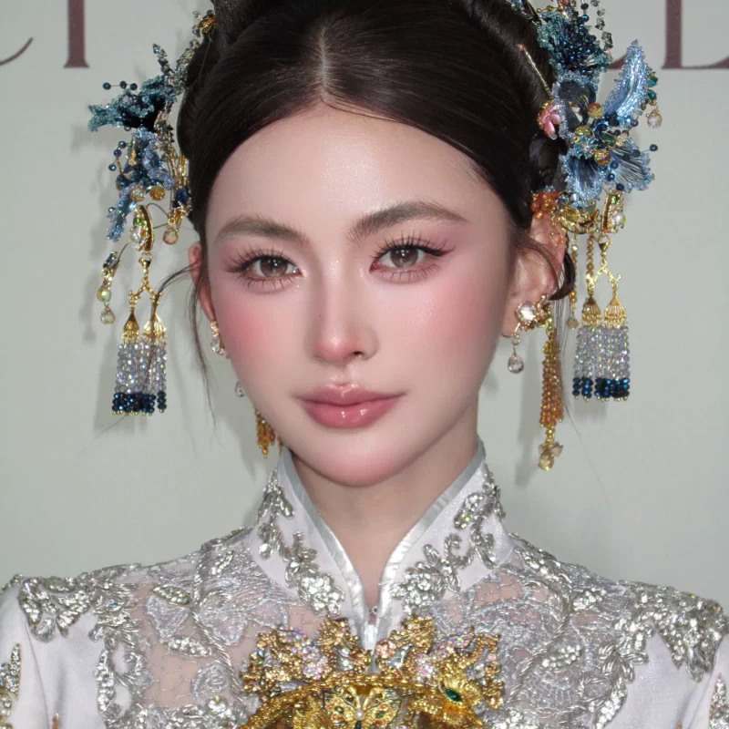新款新娘头饰中式古风浅色减龄蓝色眉心坠古典秀禾服发饰14149