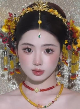 ETE正品新款新娘红金中式百搭订婚秀禾绒花手工打磨发簪步摇13414