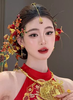 ETE正品红色绒花气质款新中式晨袍秀禾配饰减龄款百搭头饰13316