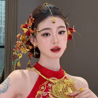 ETE正品红色绒花气质款新中式晨袍秀禾配饰减龄款百搭头饰13316