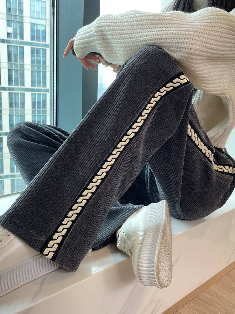 雪尼尔阔腿裤女秋冬加绒加厚直筒裤小个子灯芯绒女裤休闲直筒裤子