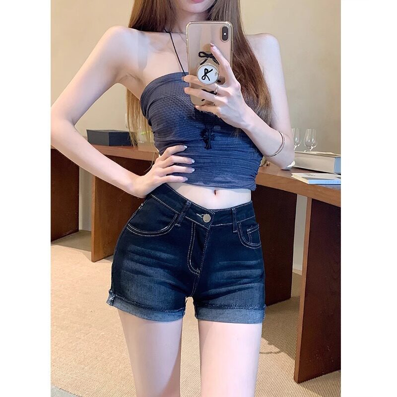 深蓝色中腰弹力卷边设计感牛仔短裤女美式辣妹修身提臀A字热裤子