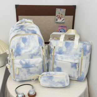 高颜值扎染双肩包大容量初中生小学生三到六年级书包女轻便三件套